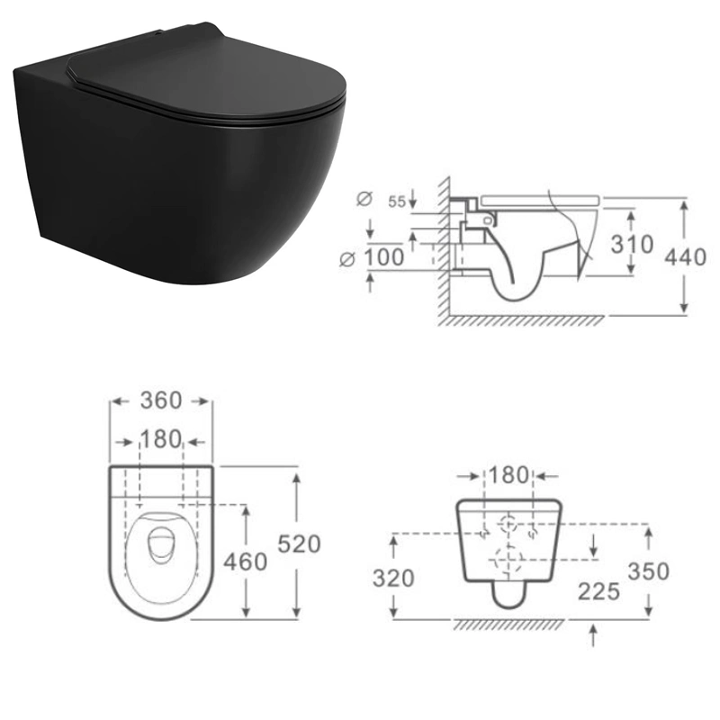 Y808 New Arrival Rimless Toilet Black Toillette with Black Toilet Seat Ceramic Wall Hung Toilet