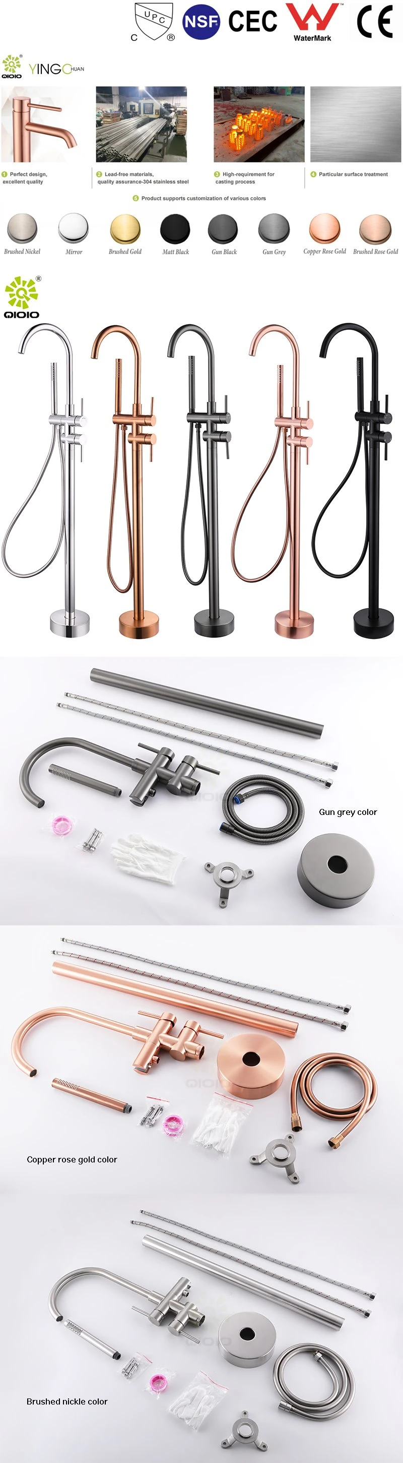 Stainless Steel Free Lead Floor Mounted Brushed Standing Bathtub Shower Faucet