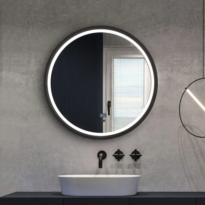 Светодиодное зеркало для ванной комнаты, алюминиевая рамка черного золота, зеркало, меняющее цвет, с регулируемым освещением, противотуманное зеркало для ванны